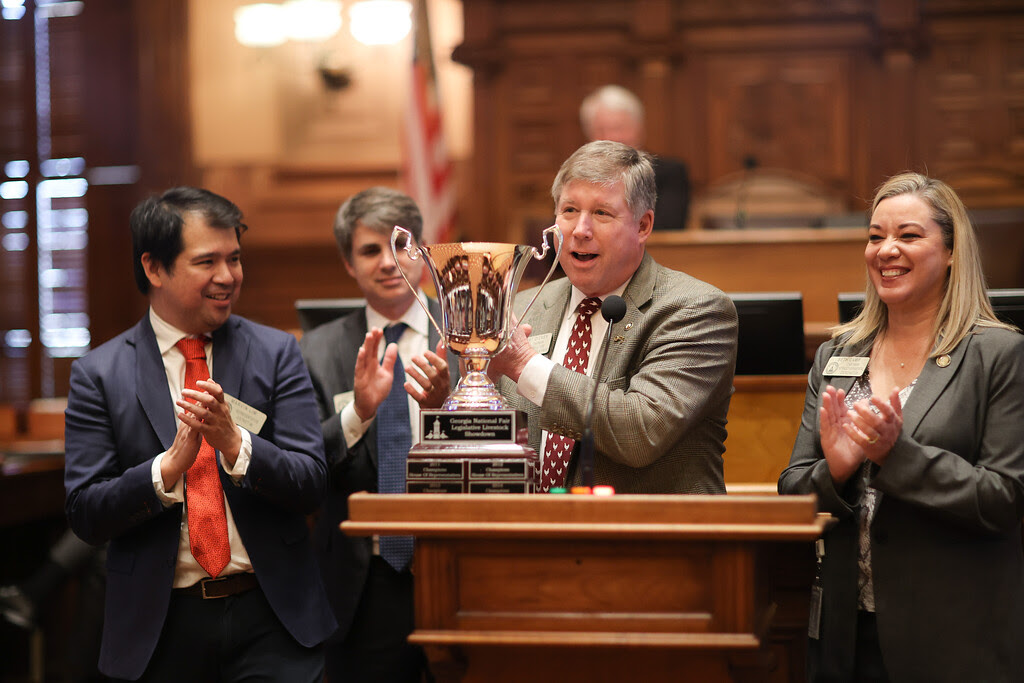 Chairman Robert Dickey and fellow legislators celebrating their victory from this years Legislative Livestock Showdown Photo Credits: House Media Services 