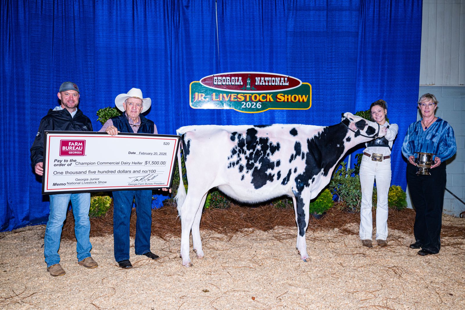 Teenage girl shows black and white dairy heifer as two men representing prize sponsor present award check and female show judge presents trophy.