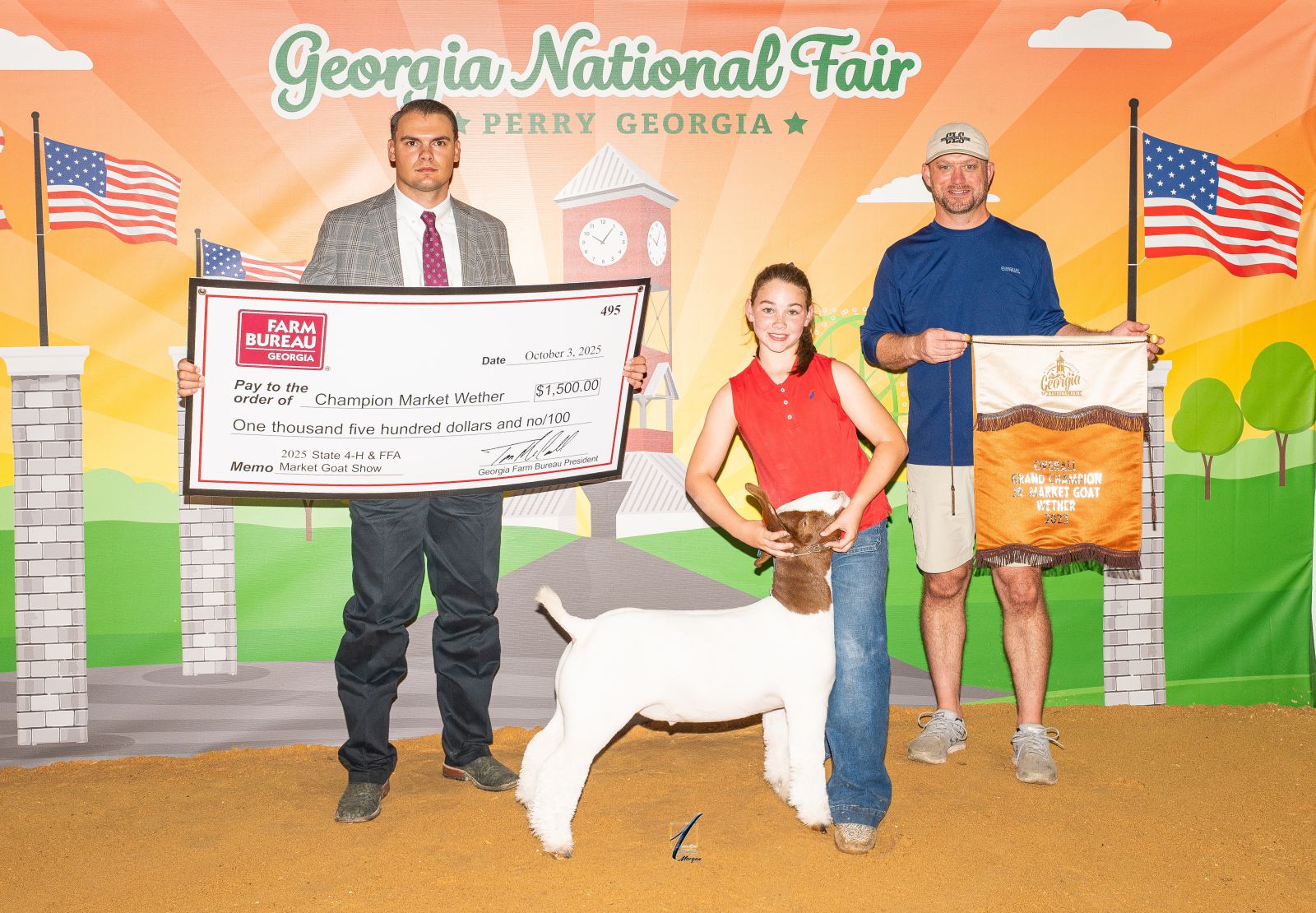 Girl showing goat accepts prize check from show judge and prize banner from award sponsor.