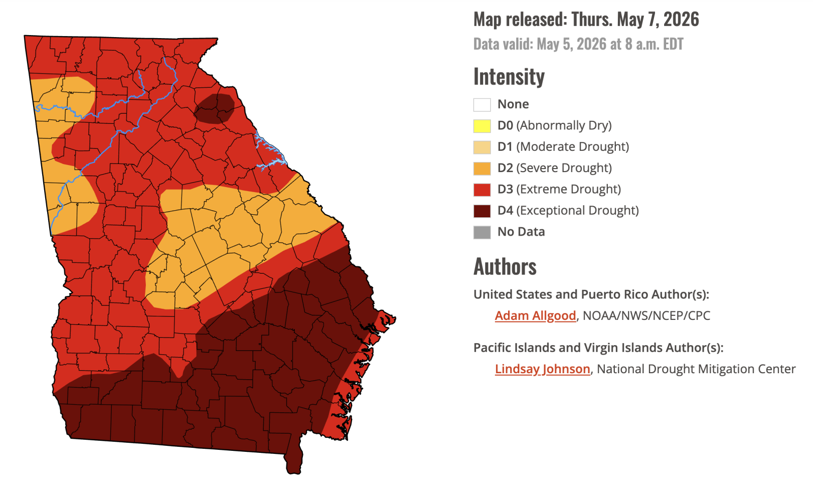 A map of Georgia showing the varying levels of drought severity across the state as of May 7.
