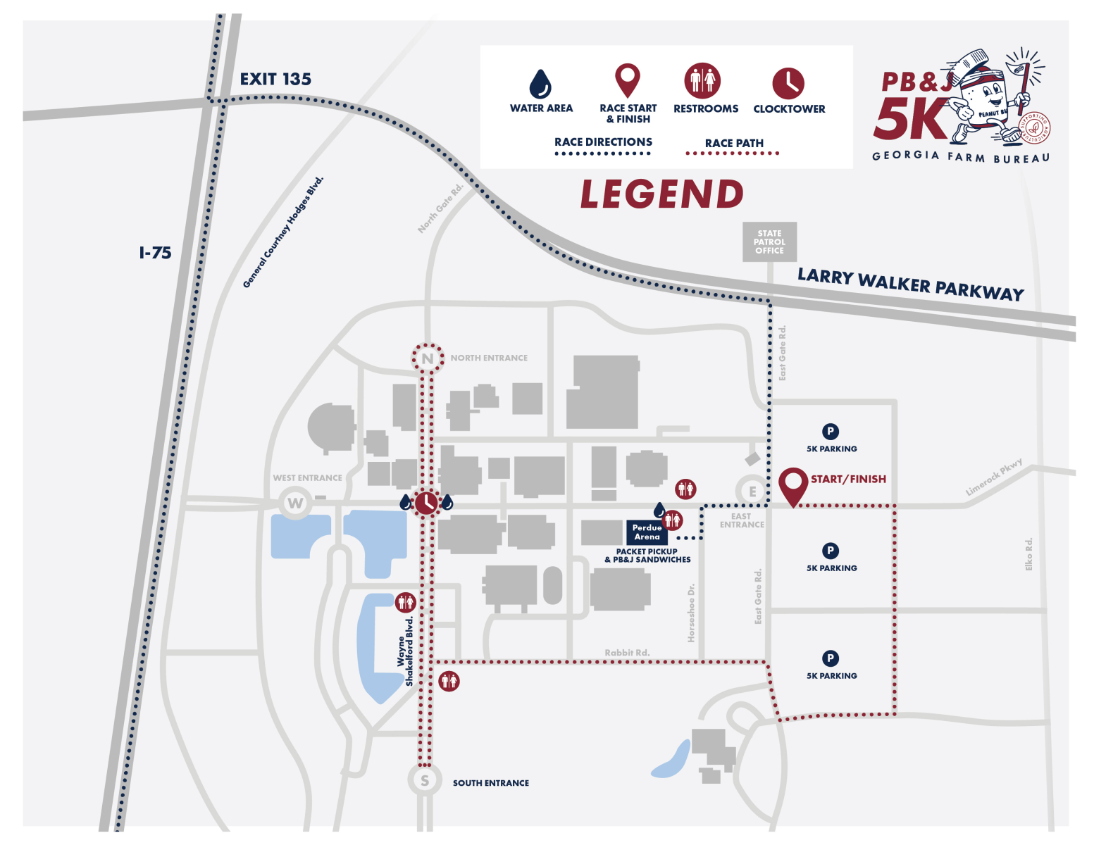 PBJ 5K Map - Route and Parking