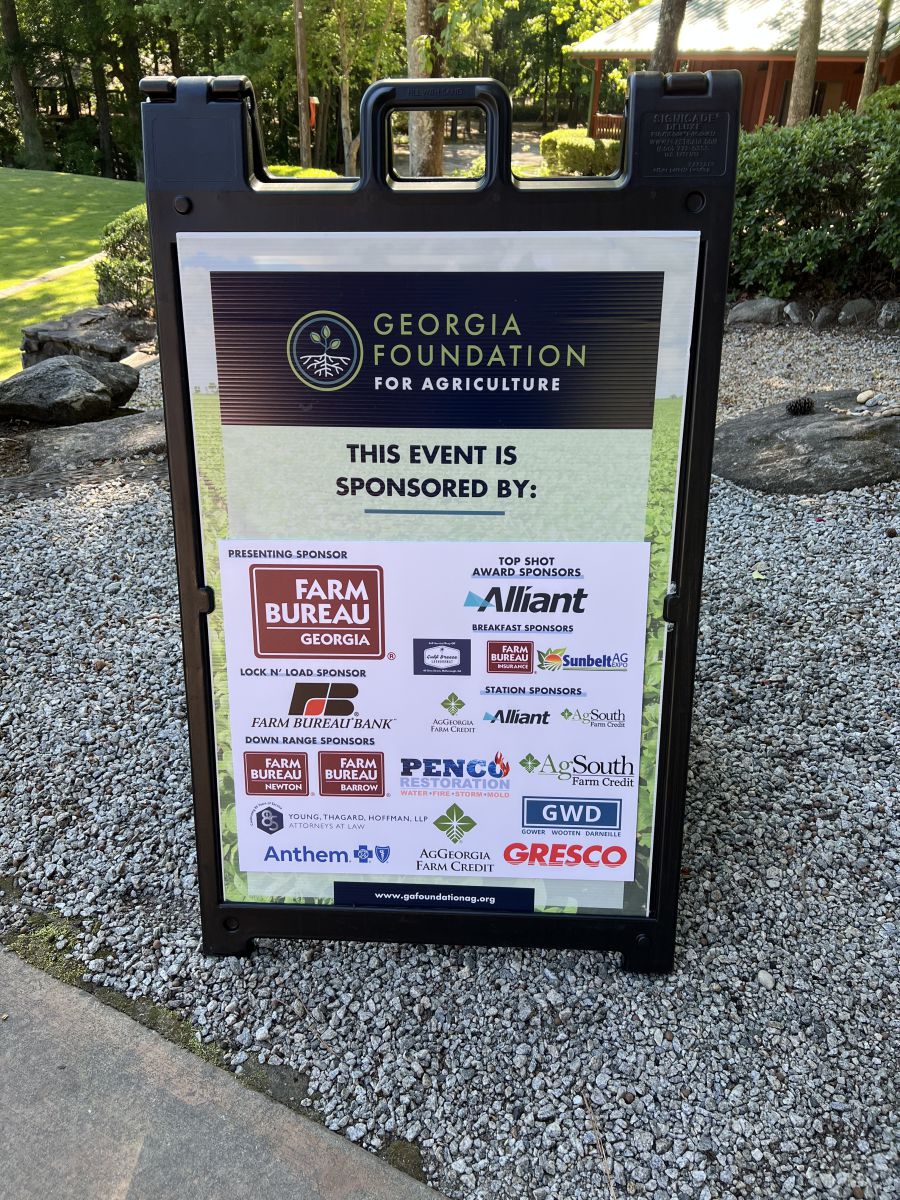 sign lists businesses and organizations that sponsored the Georgia Foundation for Agriculture Spring Shootout