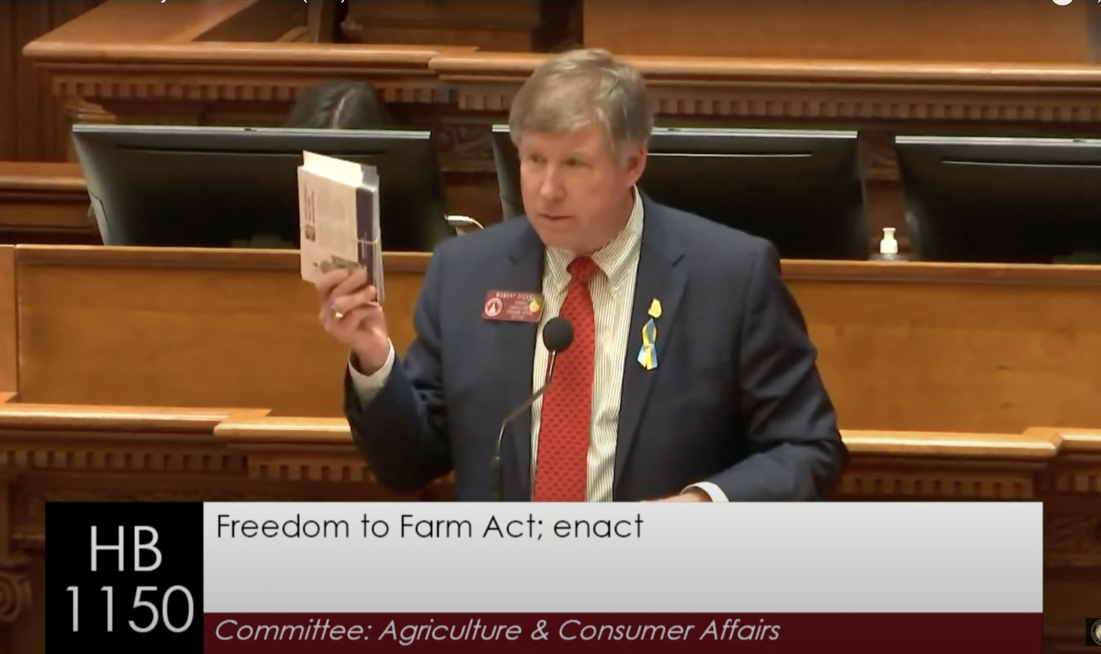 Chairman Robert Dickey presents House Bill 1150, the Freedom to Farm Act, to the House on Thursday. Chairman Dickey showed the support of GFB County Presidents who hand-wrote postcards