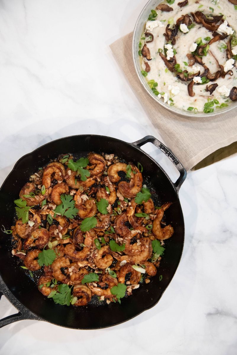 honey pecan shrimp with goat cheese grits